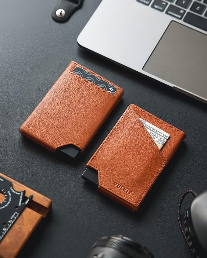 VULKIT Pop up Card Wallet Genuine Leather RFID Blocking Slim Aluminum Metal Bank Card Holder Case with Business Money Pocket for Credit Cards Notes and Coins Brown