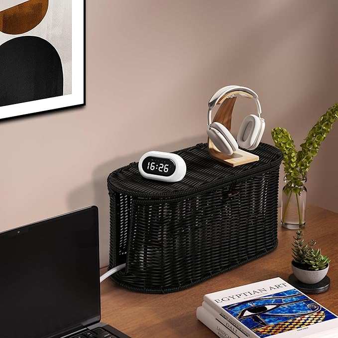 Handwoven Rattan Style Cable Management Box, Cord Organizer with Outlet Covers, Cord Hider Box for Power Strips, Cable Tidy Box for Desk, Floor and Home Organization