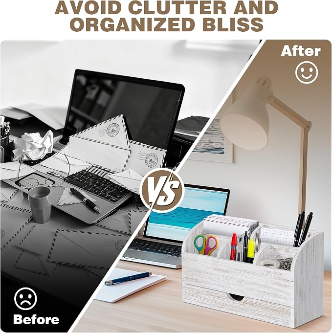 Wood Mail Organizer with Drawer & Pen Holder, White Mail Holder with 5 Detachable Compartments, Desk Organizer for Bill Envelope Storage, for Office Entryway Kitchen Countertop