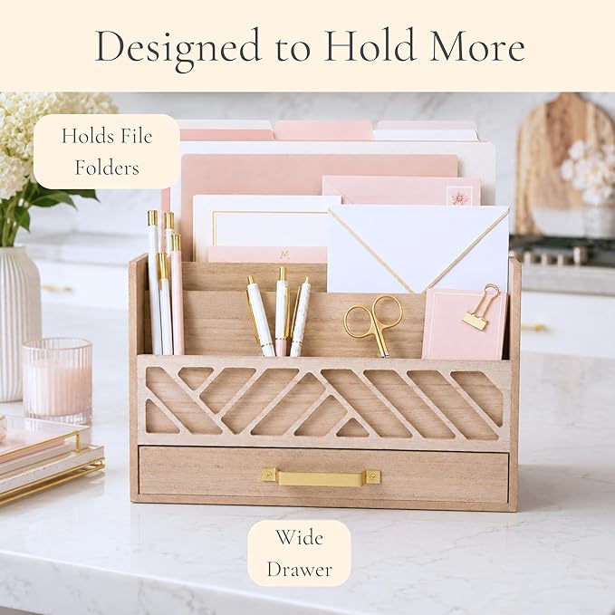BLU MONACO | Wooden Mail Organizer with Drawer and Gold Handle | Outgoing Mail Holder and Letter Sorter for Desk | Natural Wood Desktop Paper Organizer