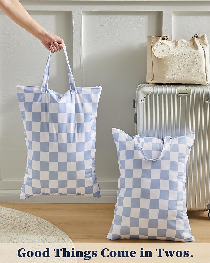 Ohocut Checkered 2 Pcs Large Travel Laundry Bags for Dirty Clothes, Aesthetic Trendy Waterproof Washable Laundry Bag with Handle for Travel, Gym, Swimming Pool, Blue