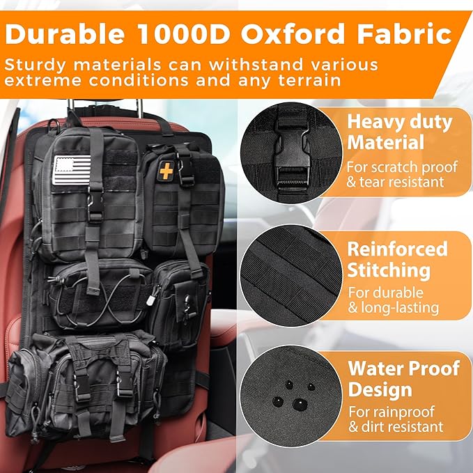 Tactical Seat Back Organizer, Molle Car Seat Organizer Panel with 5 Detachable Molle Pouch for Car Truck Ford Jeep Vehicle, Military Grade Storage Panel Backseat Protector for Man, Black