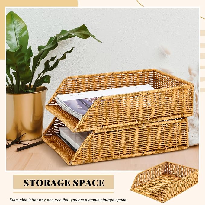Yeaqee 2 Pcs Paper Tray Organizer for Desk Woven Letter File Organizer A4 File Tray Desk Paper Basket Letter Size Imitation Rattan Holder Organization Rack for Office Storage(Brown,Sleek Style)