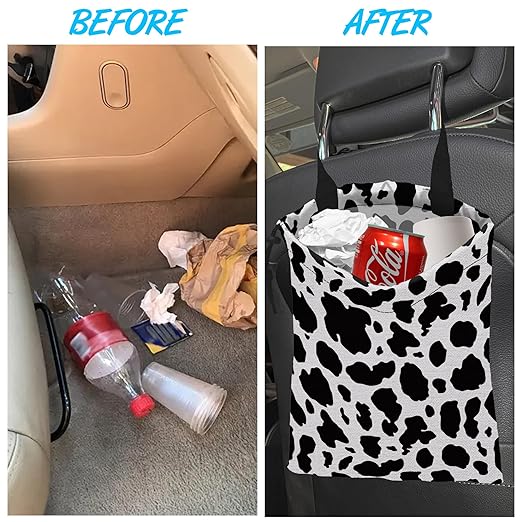 Car Trash Bag Cow Texture Car Garbage Bag Hanging Car Trash Can for Back Seat with Drawstring, Waterproof Garbage Bags for Accessories Vehicle Travelling Camping Outdoor