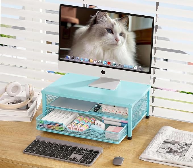 OPNICE Computer Monitor Stand Riser, Desk Organizer with Drawer, Printer & Laptop Stand, Office Desk Accessories & Workspace Desktop Organizers Storage for Office Supplies(Blue)