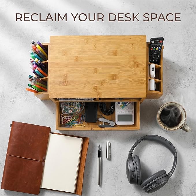 Hiceeden 2 Tier Bamboo Desktop Organizer, Desk Monitor Stand Riser with 1 Drawer and 2 Pen Holder, 2 Compartment Computer Desk Storage Organizer for Laptop, Printer