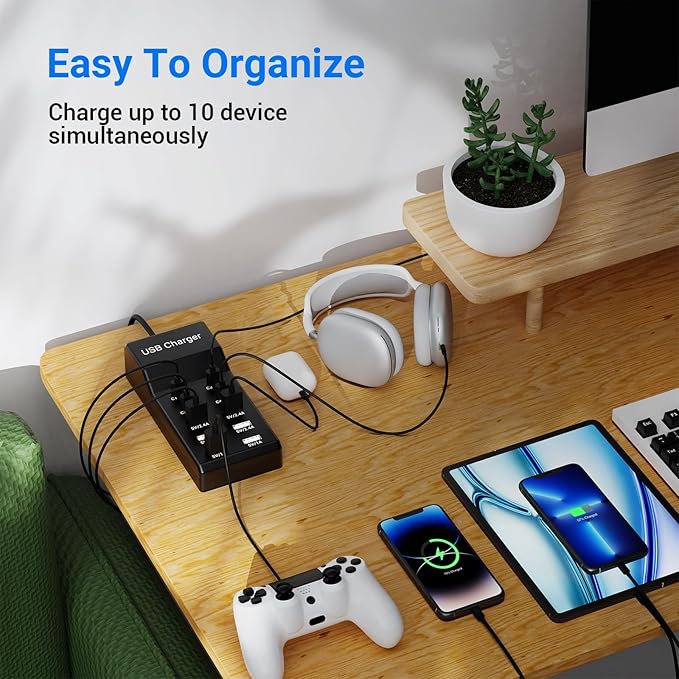 10-Port USB C Charger Block (6 USB-A Port & 4 USB-C Port), 50W10A Multiport Charger Hub for iPhone, Galaxy, iPad & More, 3.3FT
