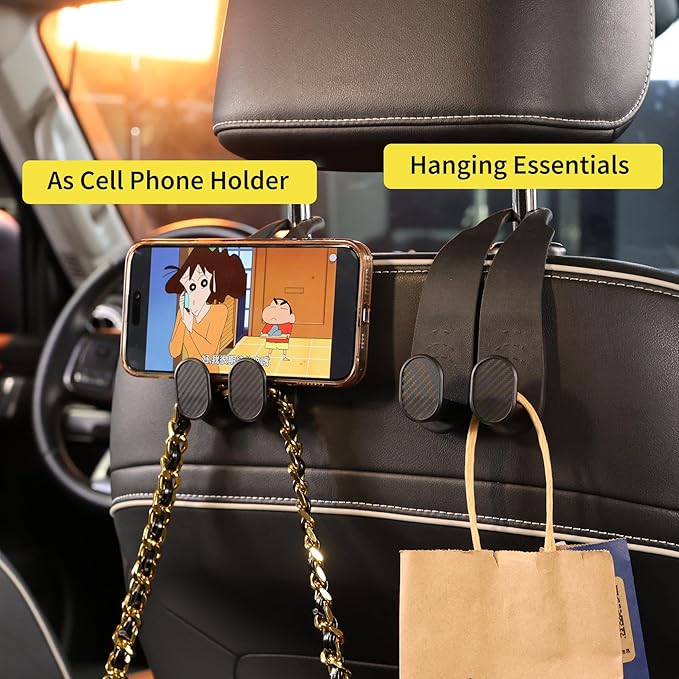 WEIHAO Purse Hook for Car Headrest, Silicone Car Seat Back Storage Hook, Twin Hooks Carbon Fiber Textured Car Headrest Hangers, Bag Holder for Sedan, Trucks, SUVs, Most Vehicles (Black-4PCS)