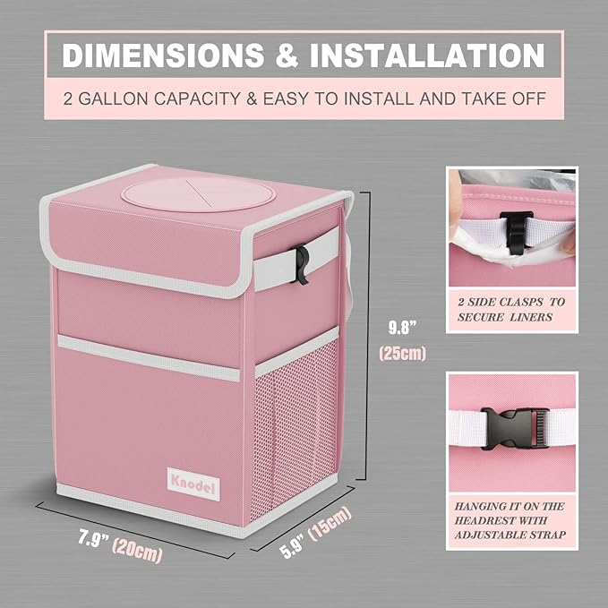 K KNODEL Waterproof Car Trash Can with Lid, Leak-Proof Garbage Bag, Hanging Bin for Women (Pink, Medium)