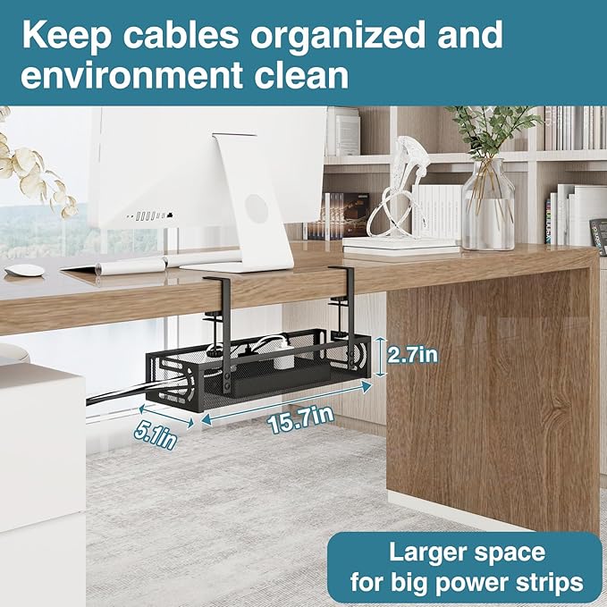 No Drill Under Desk Cable Management Tray, SONATURE 15.7" Cord Organizer for Table, Clamp Mount Desk Cable Management, Premium Carbon Steel Cable Organizer for Office, Home (Black)