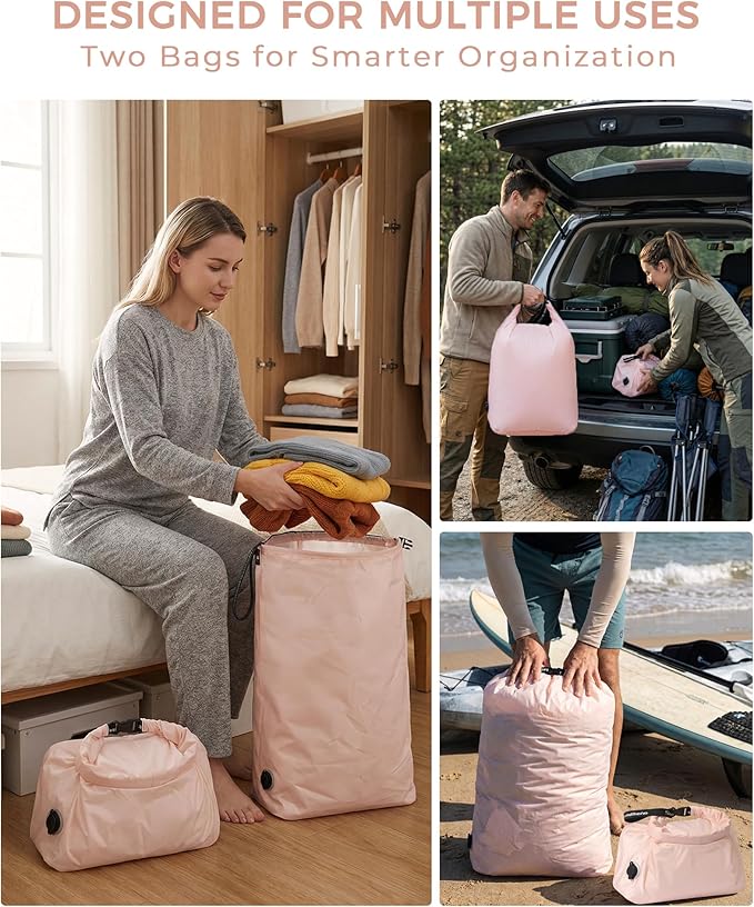 Travel Laundry Bag, Pump-Free Vacuum Compression Dirty Clothes Bag, Reusable Waterproof & Washable Laundry Bag, Wet and Dry Bag, Ideal for Suitcases, Road Trip Essentials (2 Pcs, M+L) Pink