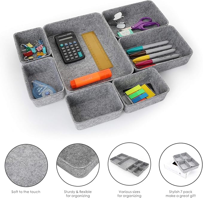 Welaxy Office drawer organizers trays felt storage bin organize dividers Box Dorm Home for stationery craft junk sorting 7-piece sleek minimalist lifestyle (gray)