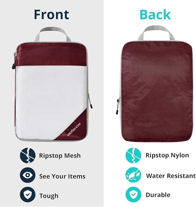 7 Set Compression Packing Cubes for Travel - Compressible, Lightweight, and Space-Saving Packing Cubes, Travel Essentials for Women, Wine