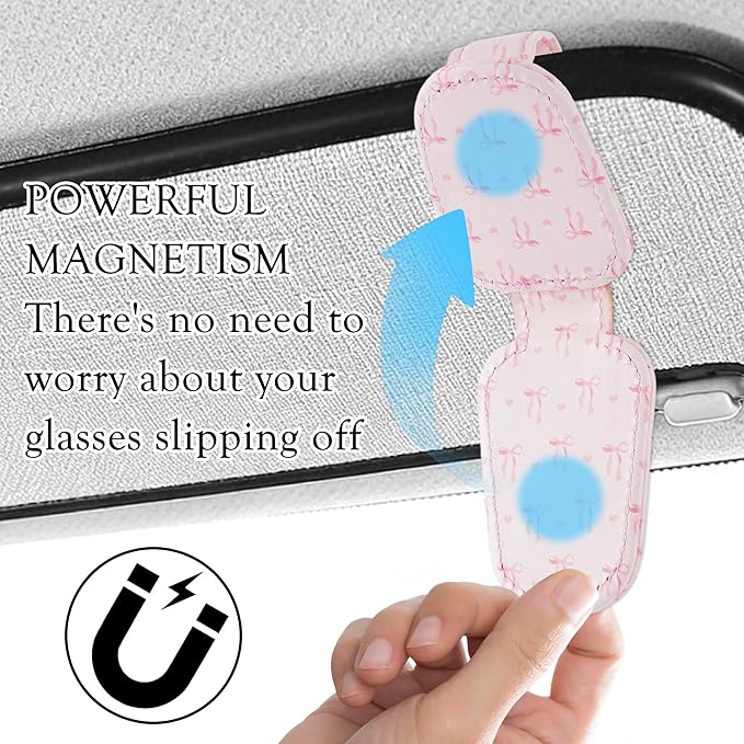 HemerVows Sunglass Holder for Car, Sweet Pink Bow Hearts Print Magnetic Leather Visor Sunglasses Holder Clip, Universal Sun Visor Accessory Eyeglass Clip for SUV Pickup Truck