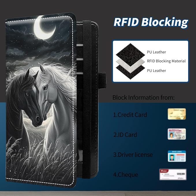 Check Book Cover for Personal Checkbook with Duplicate Checks for Women's & Men PU Leather Wallets Check Book Holder with Pen Card Slots Elastic Strap,Dark Horse White Horse