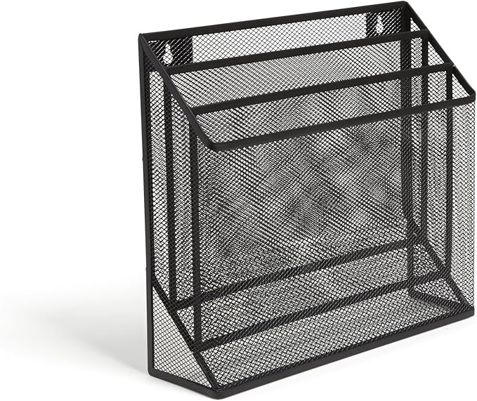 TRU RED Wire Mesh File Organizer, 3‑Compartment, Matte Black – Vertical Desktop Sorter for Files, Folders & Mail