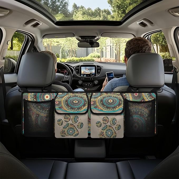 Aztec Tribe Dog Paw Car Trunk Organizer, 4 Compartments, SUV, Sedan, Van, Truck, Earth Tones
