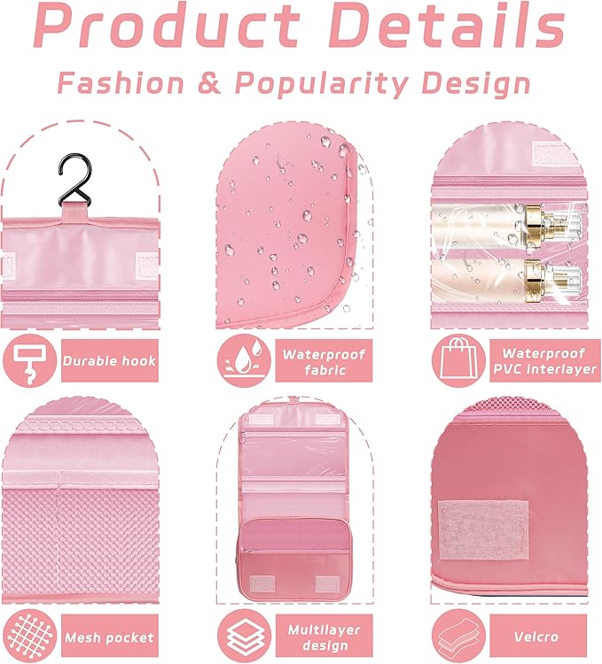 Toiletry Bag Travel Bag with Hanging Hook, Waterproof Capacity Hanging Multifunctional Makeup Bag for Toiletries, Portable Cosmetic Bag Travel Organizer for Women and Men(Pink)