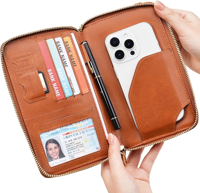 GOIACII Passport Wallet Travel Crossbody Bags for Women Wristlet Phone Purse Double Zip Vegan Leather Brown