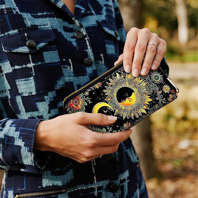 Women's RFID Blocking Zip Around Wallet with Detachable Wrist Strap, Large Capacity Credit Card Holder Organizer for Everyday Use,Sun Moon Flower
