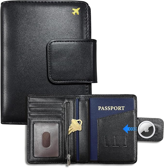 Passport Holder Cover Wallet with AirTag Slot - RFID Blocking Travel Wallet Organizer for Men, Premium PU Leather Case with SIM Card Slots, Pen Loop & Zipper Pocket for International Travel Essentials