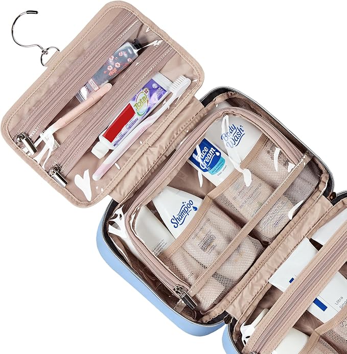 NISHEL Travel Toiletry Bag for women, Portable Hanging Organizer for Travel-Sized Shampoo, Conditioner, Brushes Set, Makeup Accessories, Medium Size, Placid-Blue