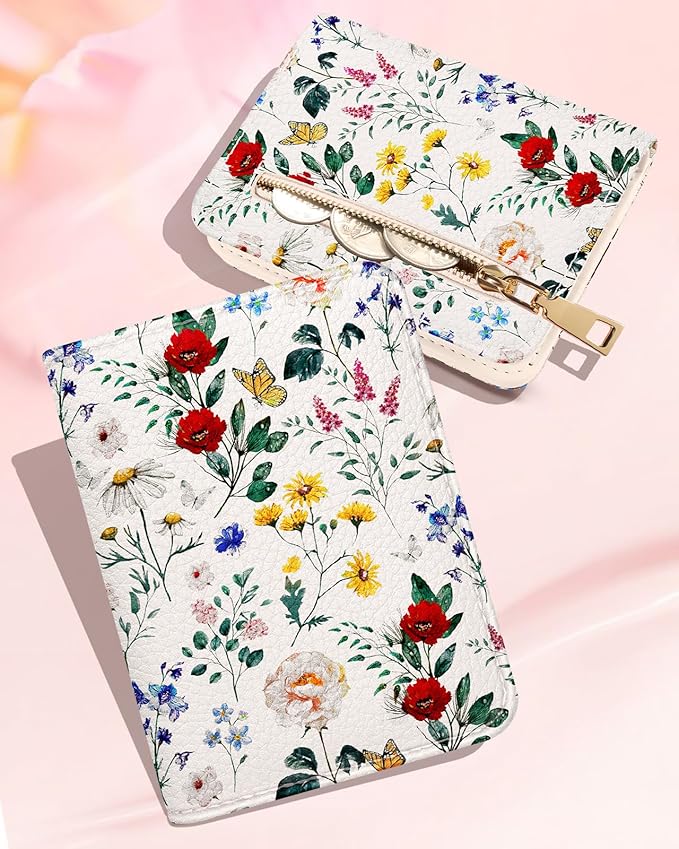 Bistup Credit Card Holder Wallet for Women Cute Leather Ladies Teen Girls Female Cardholder Wallets Accordion Purse Small Medium Aesthetic Print Flower Floral Modern Design Rfid Zipper Around