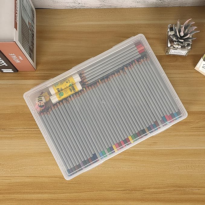 BTSKY Clear Plastic Storage Box with Flap Lid, Multipurpose Craft Organizers and Storage Box Art Supply Storage Organizer Plastic Sewing Box for Pencils Markers Notebooks A4 Files, 2 Pack Large