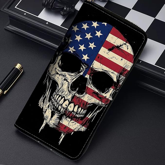 RFID Blocking Leather Wallet for Women – Large Capacity Zip Around Clutch with 8 Card Slots,39 Cash Pockets & Coin Zipper,Skull American Flag