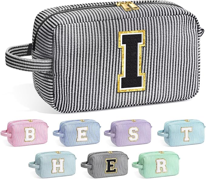 YOOLIFE Initial Cosmetic Bag for Women - Monogram Cute Makeup Bag Cosmetic Case Toiletry Pouch for Women Her Best Friend Sister Teacher, Personalized Birthday Gifts for Women, Black I
