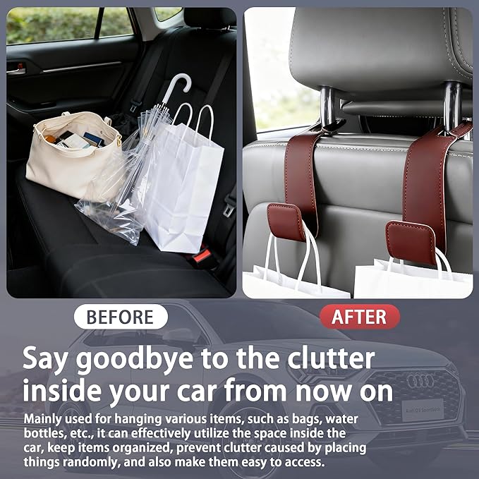 Leather Car Purse Hooks with Larger Strap Holder Purse Hook Purse Holder for car car seat Back Hooks Automotive seat Back Organizer headrest Hooks for Bags and Purse (Beige, 2pcs)