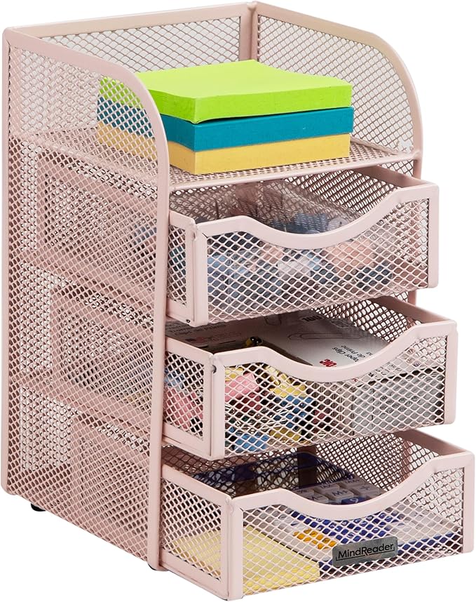 Mind Reader Desktop Accessory Storage, Paper Binder Clip Basket, Workspace, Office, Metal Mesh, 4.75"L x 5"W x 8"H, Pink