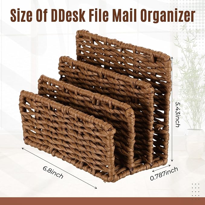 Paper Rattan Mail Organizer for Desk Mail Holder Countertop with 3 Slot Paper Rattan Letter Sorter File Holder Envelope Book Stand Farmhouse Office Desk Organizer and Storage Accessories