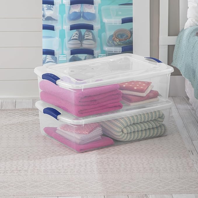 (2 pack) 32 Quart Clear Latching Storage Bin with Lid, Under Bed Storage Container, Stackable Plastic Bin for Linens, Seasonal Clothes