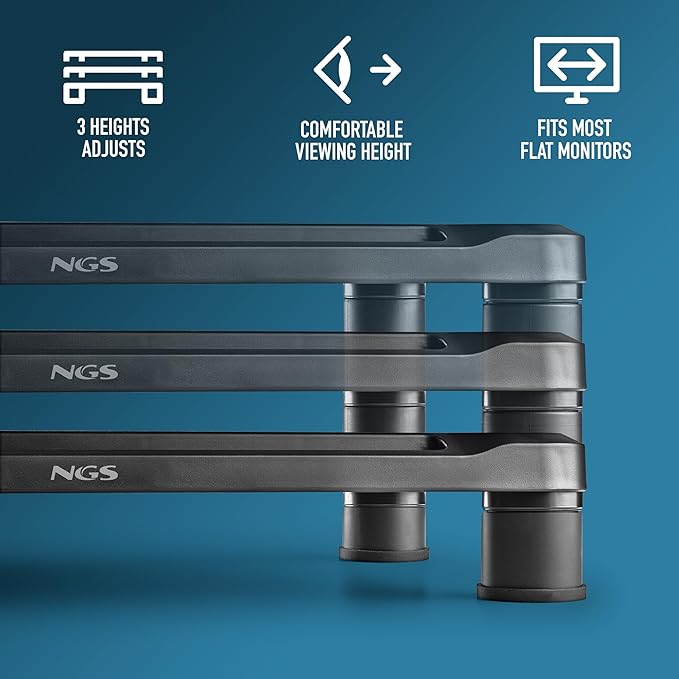 NGS Screen Stand ??Ergonomic Monitor Stand with 3 Adjustable Heights, Non-Slip Feet, Storage Space, ABS Plastic Resistant up to 20 kg, 38 x 24 x 11.5 cm