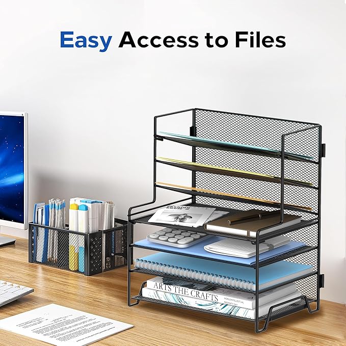 SUPEASY 7 Tier Desk File Organizer, Mesh Letter Tray Paper Organizer with File Holders, Metal Desktop Organizers and Accessories for Home Office Supplies, Black