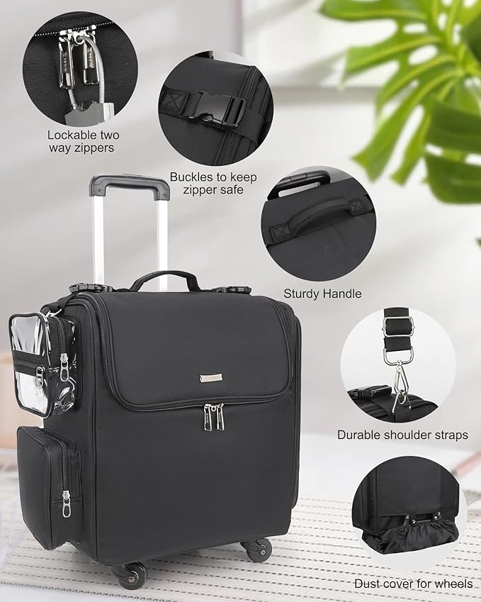 Relavel Rolling Makeup Train Case with Large Clear Makeup Bag, Hairstylist Traveling Bag with 4 Wheels, Cosmetic Storage Organizer Hair Stylist Travelling Bag with Adjustable Dividers & Shoulder Strap