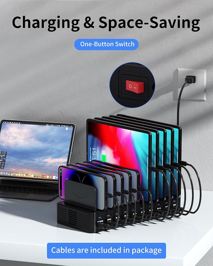 270W Charging Station for Multiple Devices, 20-Port USB Fast Charging Station with Adjustable Dividers & 10 Cables, Multi Device Organizer Charging Dock for iPhone, iPad, Tablets & More(Black)