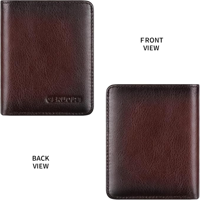 Bifold Slim Men Wallet Genuine Leather Thin, Small Vertical RFID Blocking Wallets for Men ，Compact & Stylish with Clear ID Windows (Coffee)