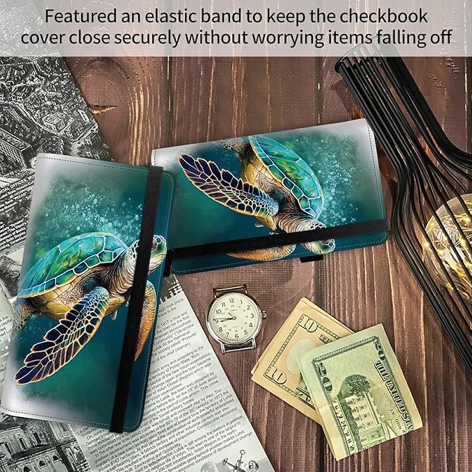 FUYOCWE Checkbook Covers for Personal Checkbook,Leather Checkbook Cover for Business/Personal Checks,RFID Blocking Check Book Cover Holder Wallets for Men Women-Green Sea Turtle