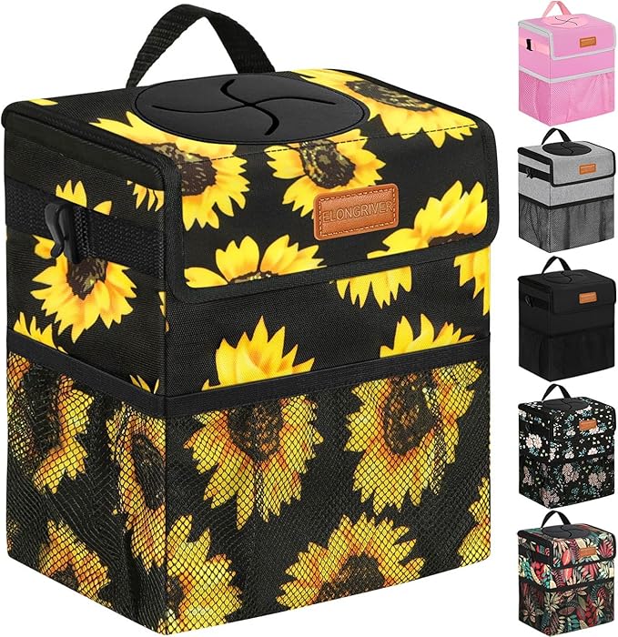 ELONGRIVER Car Trash Can Bin for Back Seat Leak Proof, Cute Car Trash Bag Hanging, Vehicle Trash Can for SUV Truck Van, Automotive Garbage Cans Front Seat Sunflower Floral