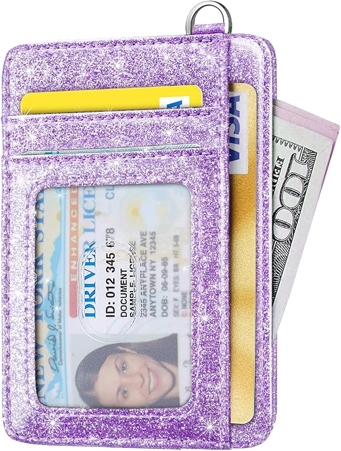 Coco Rossi Slim Front Pocket Wallet RFID ID Card Holder Cute Small Wallet with Keychian for Women,Purple Glitter