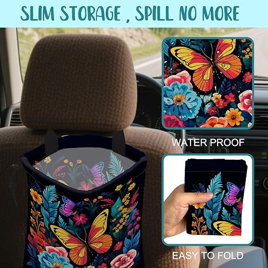 Car Garbage Bag Colorful Flowers and Butterflies Hanging Canvas Car Trash Bag Waterproof Drawstring Car Back Seat Organizer for Car Back Front Seat Console with Adjustable Buckle