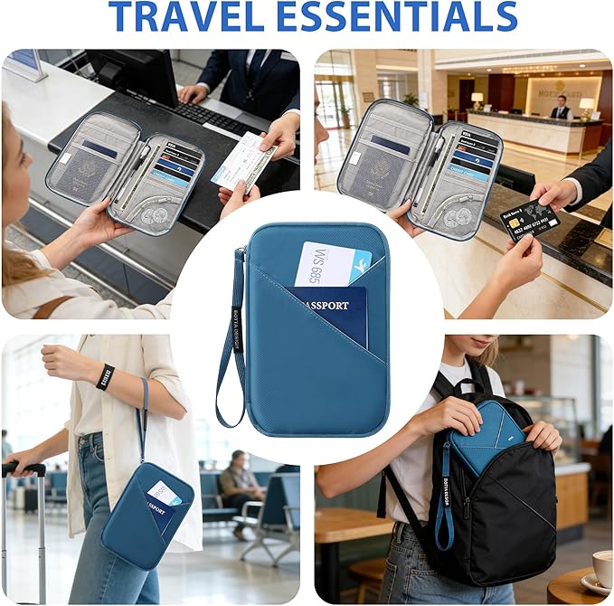 Veki Passport Holder for Travel Women Family, Passport Wallet Bag, RFID Travel Document Organizer, Waterproof Passport Holder for Men, Portable Case for Cards, Cash, Tickets, ID (Navy Blue, L)