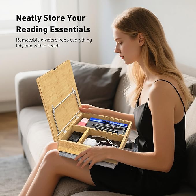 AboveTEK Book Stand for Reading with Storage, Adjustable Bamboo Book Holder with Soft Lap Cushion, Cookbook Stand, Hands-Free Book Reading Stand for Bed, Desktop & Kitchen Counter