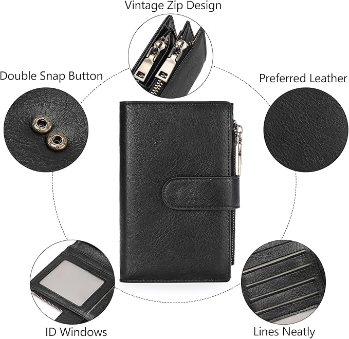 GOIACII Womens Wallets RFID Blocking Leather Trifold Clutch Wallet Credit Card Holder Ladies Purse 3 ID Windows Black