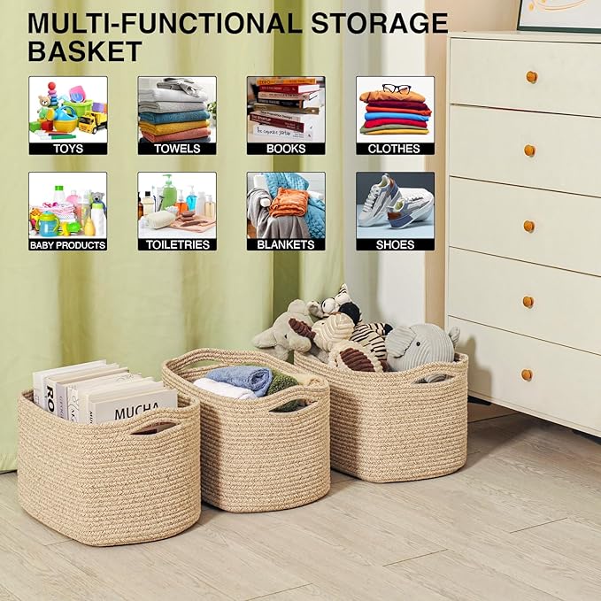 ICERZCZ Decorative Storage Baskets for Organizing Shelves, Toy Basket for Nursery, Woven Cotton Rope Baskets for Decor, Towel Basket for Bathroom, 15"x11"x9.5", 3 Packs, Brown