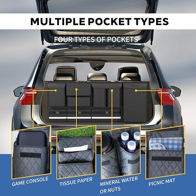 Backseat Hanging Organizer with Large Storage Bags | PU Leather, Large Capacity | Adjustable Straps, Waterproof & Collapsible | Universal Fit for SUVs, Sedans & Trucks | Black, 37.8" x 18.1" - P810
