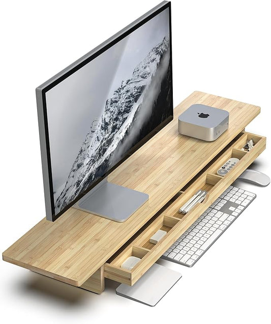 Bamboo Monitor Stand with Large Storage Drawer, 42 Inch Ergonomic Computer Riser for Desk, Screen Shelf with 7 Compartments for Keyboard & Stationery Organization