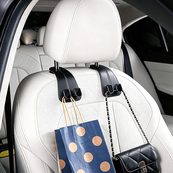 2 Pack KAFANLIN Car Headrest Hooks for Purses and Bags Cute Leather Car Seat Back Head Rest Double Hooks for Bags Cute Pink Beige Car Accessories Headrest Back Seat Handbags Hook (Black 2 Pack)